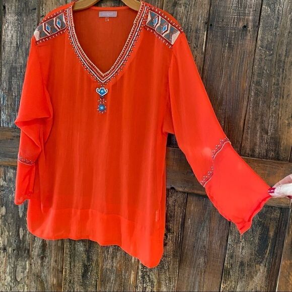 Anthropologie Harper S Sheer Orange Cowboy Western Beaded Flared Sleeve Tunic - Picture 4 of 10